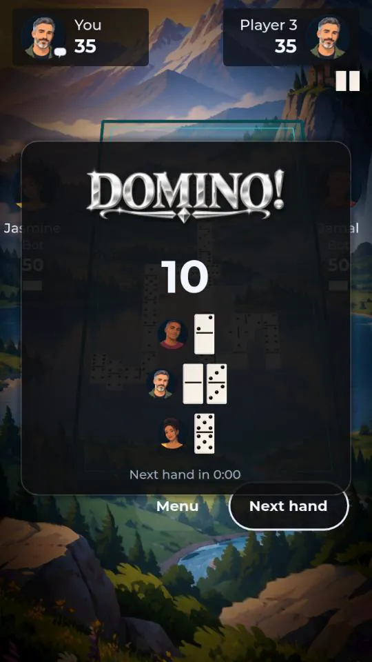 The end of a hand, with each side's points.