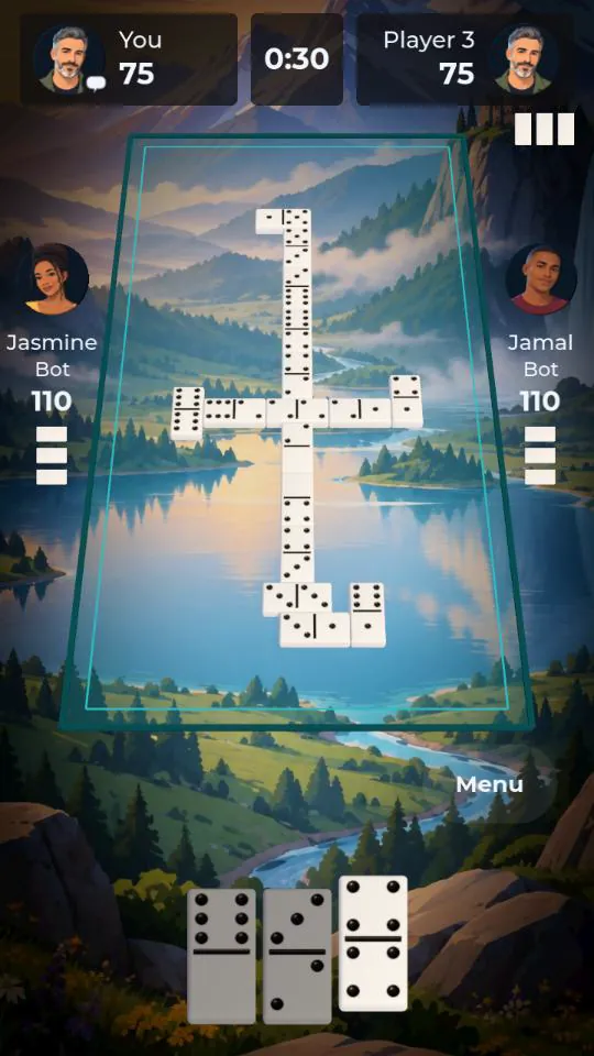 A tile in the player's hand lifted to play, with the line of tiles on the table.