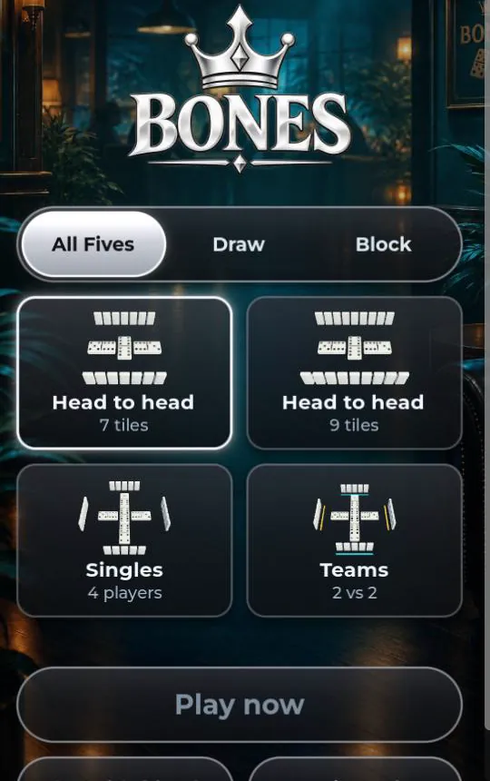 The game's start screen: the Bones crown over the lounge, All Fives, Draw and Block, and the four ways to play.