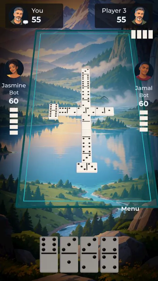 A teams game: the line of tiles crosses at the spinner, the partner sits across, and two labeled bots sit at the sides.
